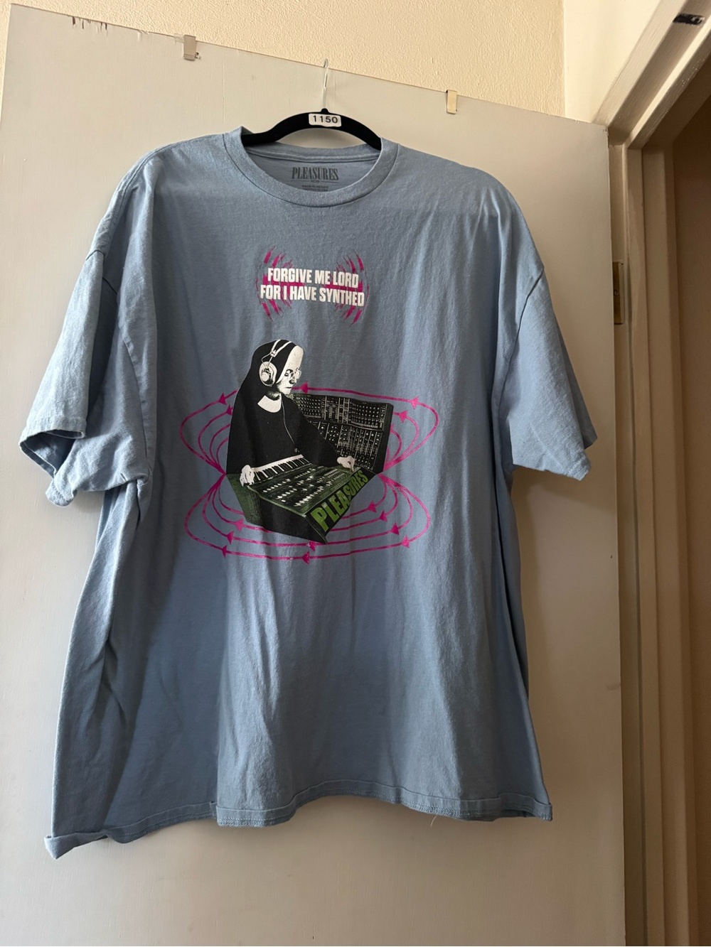Men's Light Blue Pleasures Tee - 'Forgive Me Lord' Synth Print